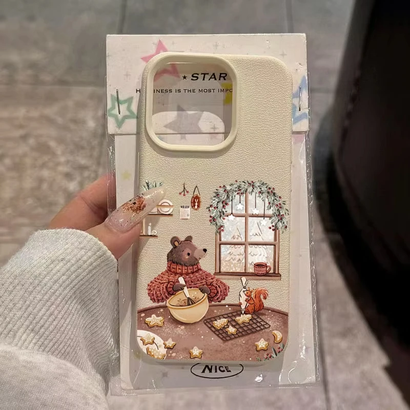 Funda de teléfono con dibujos de animales, oso, ardilla, para iPhone 17 Pro, 16, 15, 14, Plus, 13, 12, 11 Pro Max, funda de silicona suave con patrón de lichi de aire