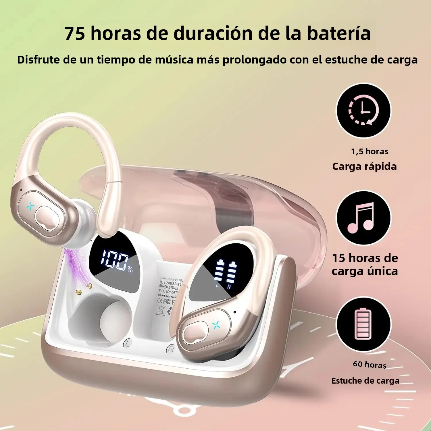 Auriculares inalámbricos verdaderos con diseño de gancho para la oreja deportivo IPX7, resistentes al agua, con sonido estéreo HiFi, Bluetooth, con micrófono TWS para correr y gimnasio - imagen 4