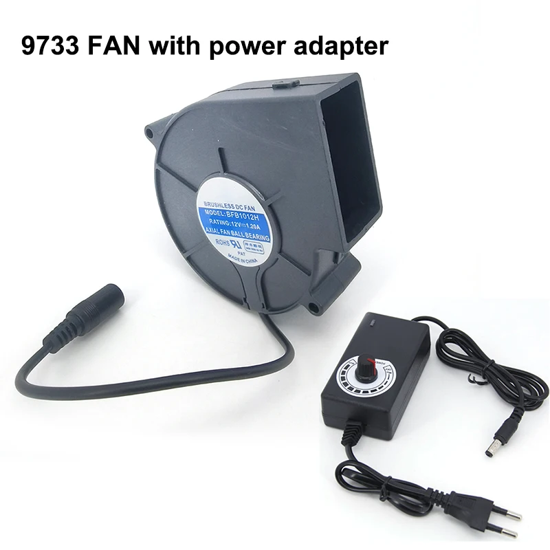 Ventilador turbo sin escobillas de 12V 9733, con fuente de alimentación europea de 3-12V, controlador de velocidad, ventilador de barbacoa, parrilla de Picnic, estufa de leña para cocinar
