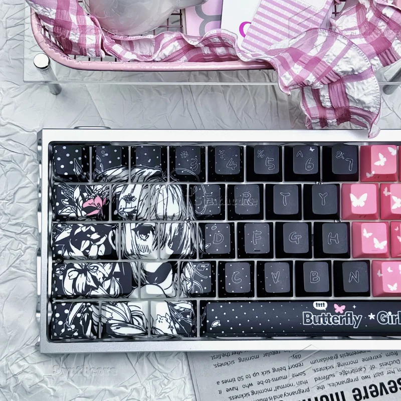 130 teclas mariposa chica lindo KEYCAPS PBT Keycap Chreey Keycaps tapa de tecla rosa tinte-sub tapas de teclado mecánico para 64/68/71/108 - imagen 4