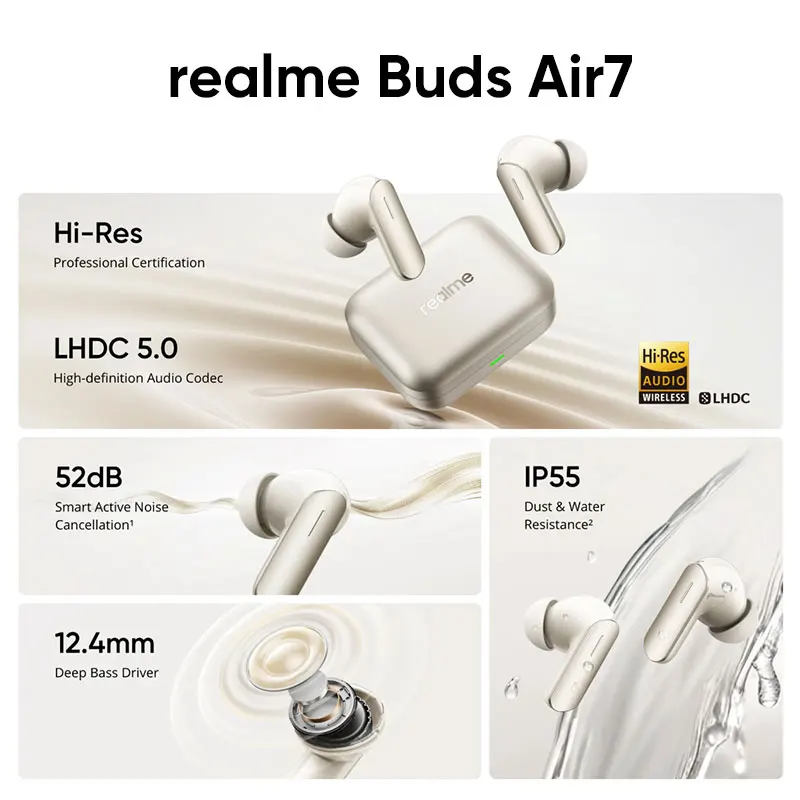 Versión Global realme Buds Air 7 52dB Smart Active Noise Cancellation 12.4mm Deep Bass Driver Bluetooth5.4 360° Spatial Audio Effect IP55 Earphone - imagen 3
