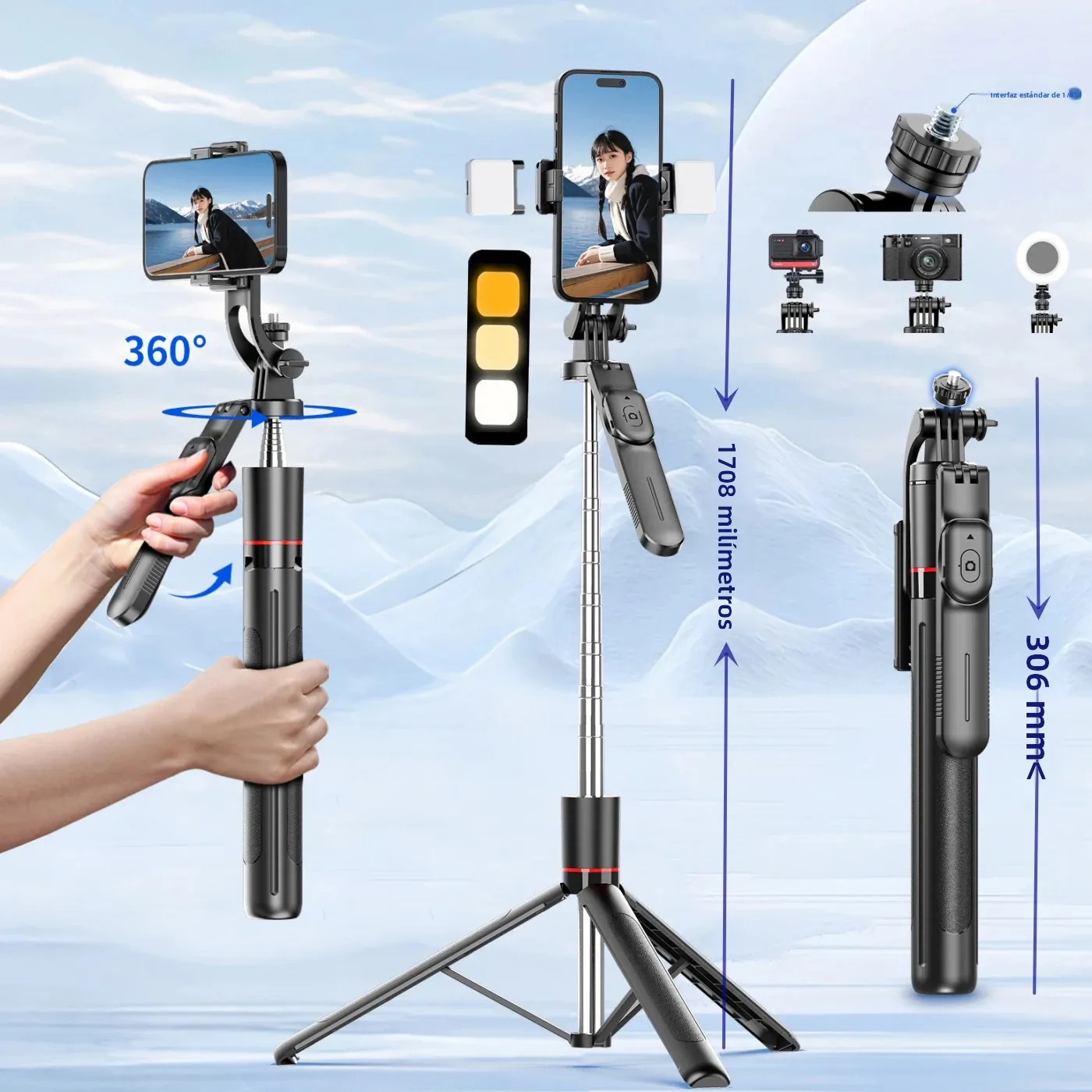 Palo de Selfie de 1,7 metros, soporte para teléfono portátil de rebote Ultra largo, control remoto por Bluetooth con trípode de luz de relleno para vivo - imagen 2