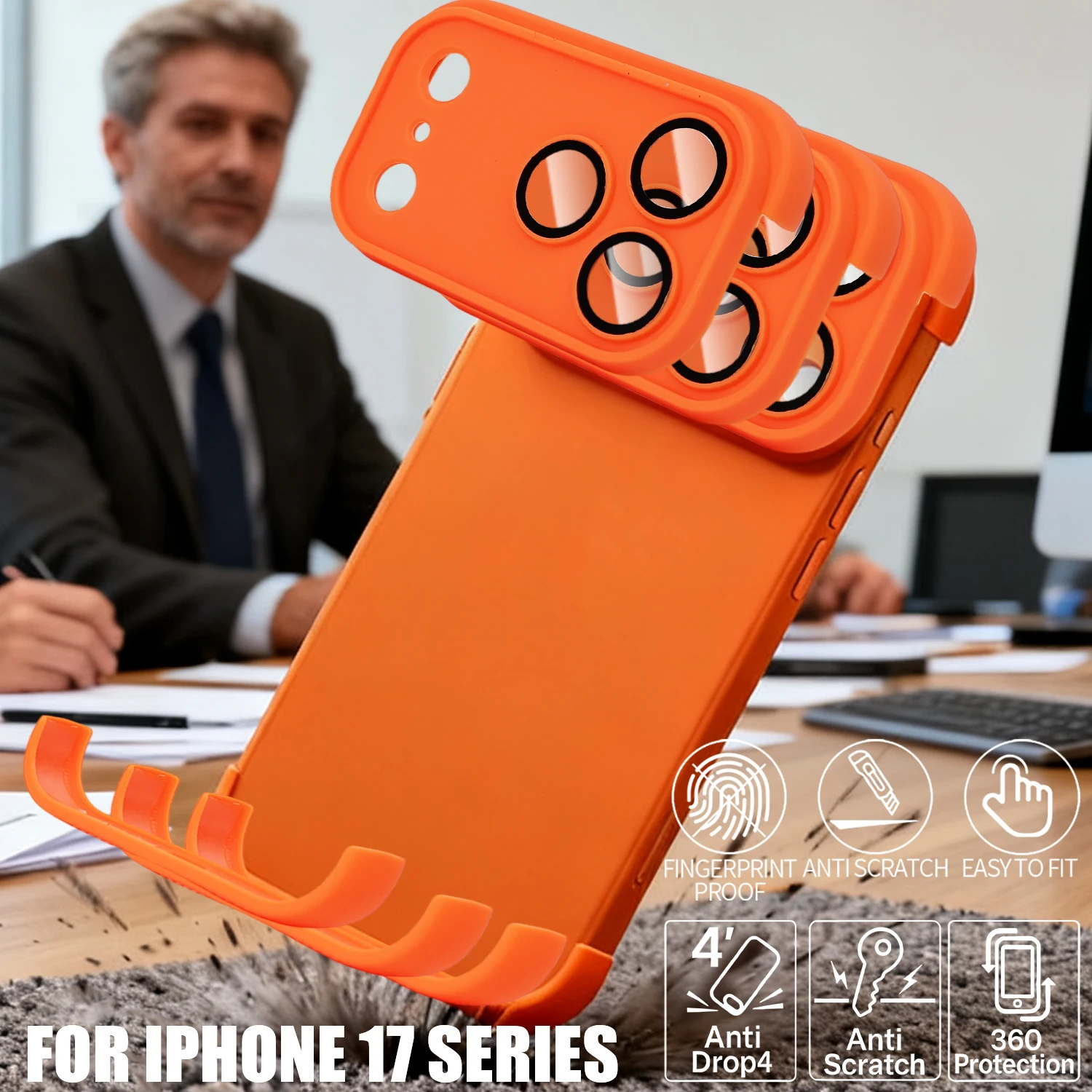 Protector de lente de cámara naranja de lujo, funda protectora de cuatro errores para iPhone 17 Pro Max 17Pro 17Air, cubierta trasera sin marco a prueba de golpes