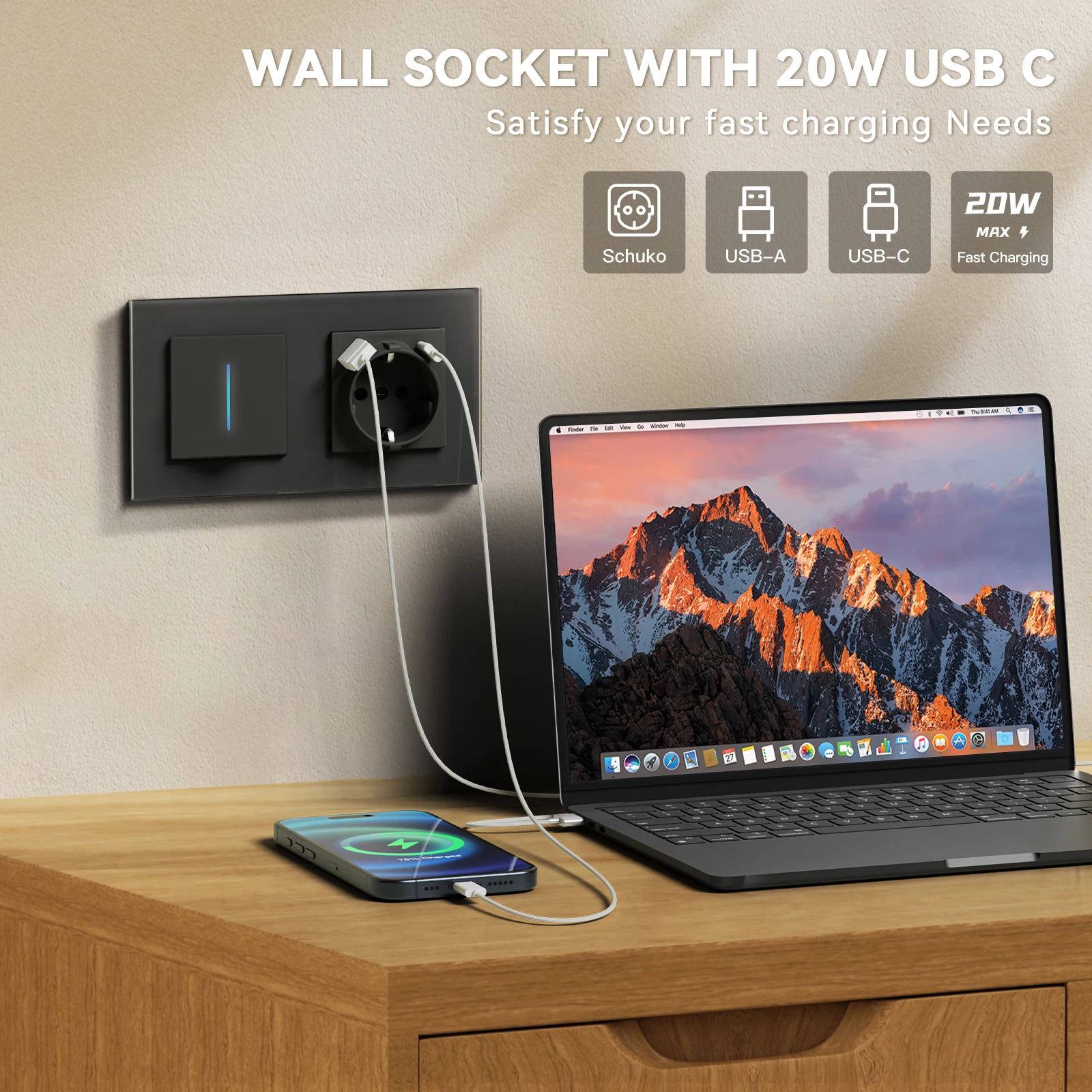 BSEED 1/2 interruptor de luz de pared interruptor de botón mecánico LED de 1 vía con enchufes de la UE potencia USB tipo c tomas de carga marco de vidrio - imagen 2