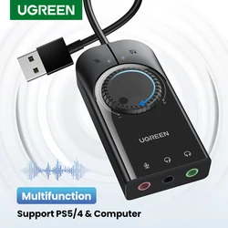 UGREEN Tarjeta de sonido USB, adaptador 3,5 mm para PC