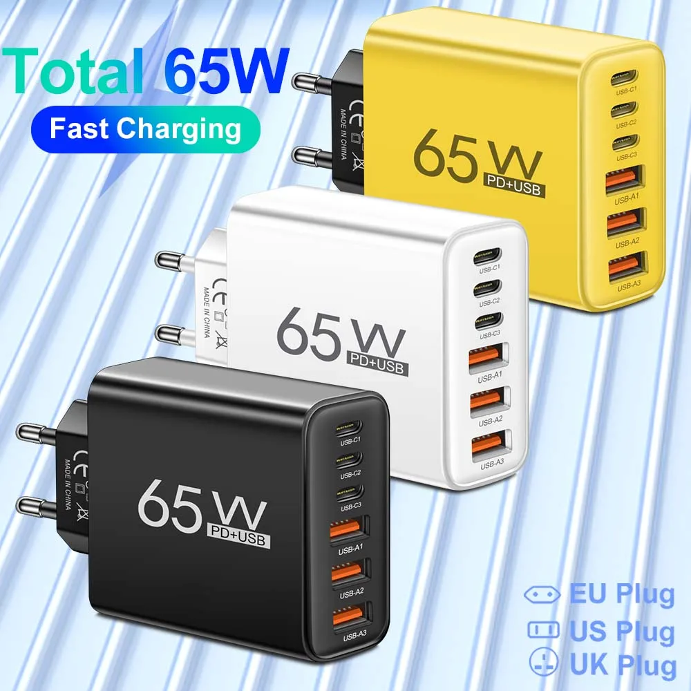 Cargador USB C Total de 65W, múltiples puertos tipo C PD, adaptador de pared para teléfono móvil de carga rápida para iPhone, Xiaomi y Samsung
