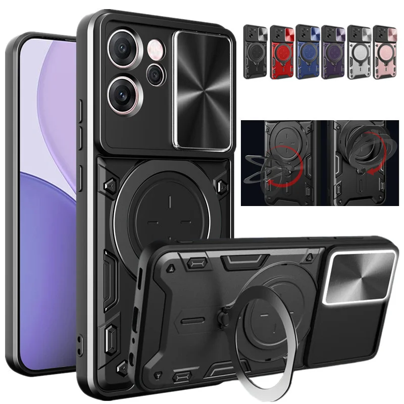 Funda protectora de armadura con soporte para OPPO Reno 14 Pro 14F Reno14 F 5G, Funda protectora de lente deslizante a prueba de golpes, Funda Coque Capa