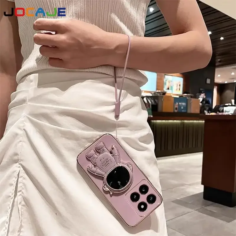 Funda de silicona a prueba de golpes para Xiaomi 14T Pro 13T 12T 11T Pro 14 T, funda con cordón y soporte de astronauta de dibujos animados galvanizado - imagen 2