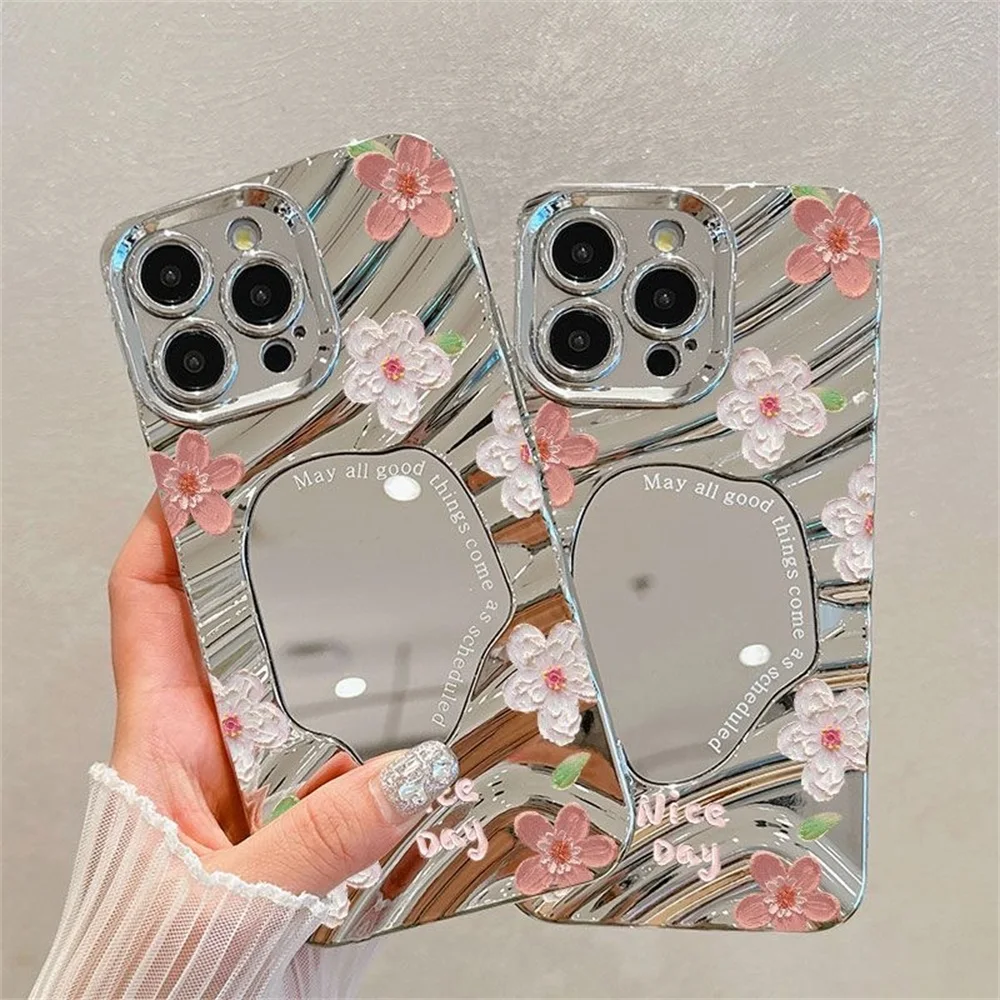 Funda de teléfono con espejo de maquillaje de flores de lujo para iPhone 13 11 15 14 16 Pro Max 12 16promax 15promax 14promax Funda a prueba de golpes - imagen 4