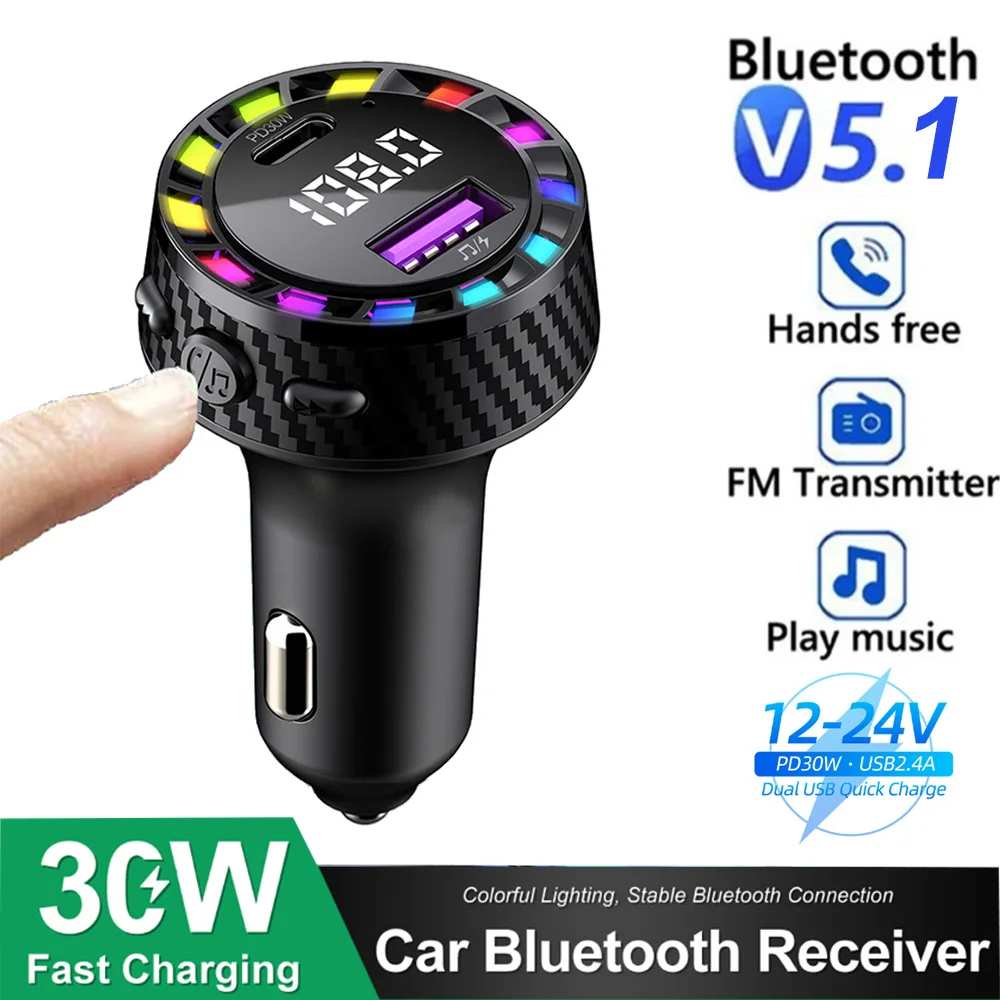 Transmisor FM Bluetooth 5,3 para coche, cargador de Audio para coche, USB Dual tipo C, cargador rápido, luz colorida, reproductor MP3 manos libres