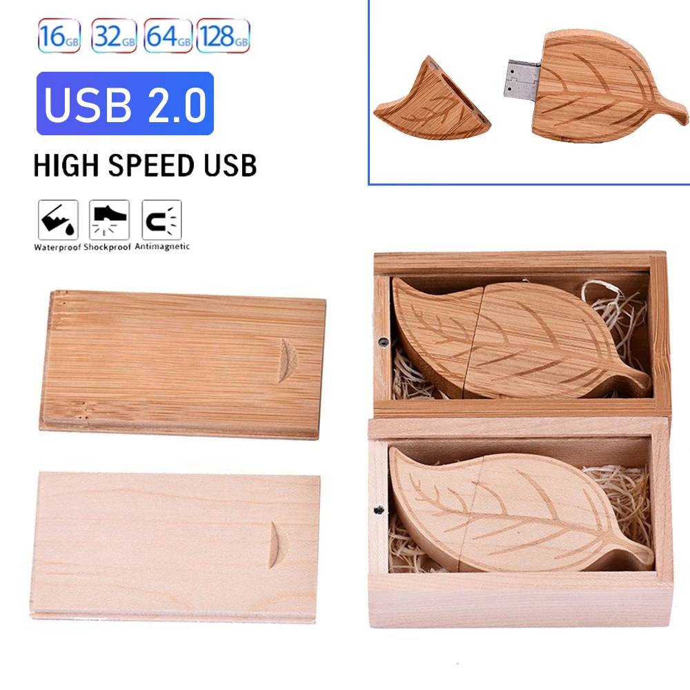 Unidad Flash USB 2,0 de madera, unidad de bolígrafo de hojas, caja de madera, memoria, regalo de boda creativo, memoria USB, bonita unidad colgante de 64GB y 32GB