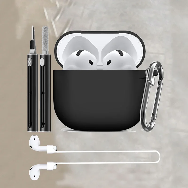Funda para Apple AirPods 4 con Kit de limpieza, funda protectora de silicona suave para mujeres y hombres con cuerda antipérdida antideslizante