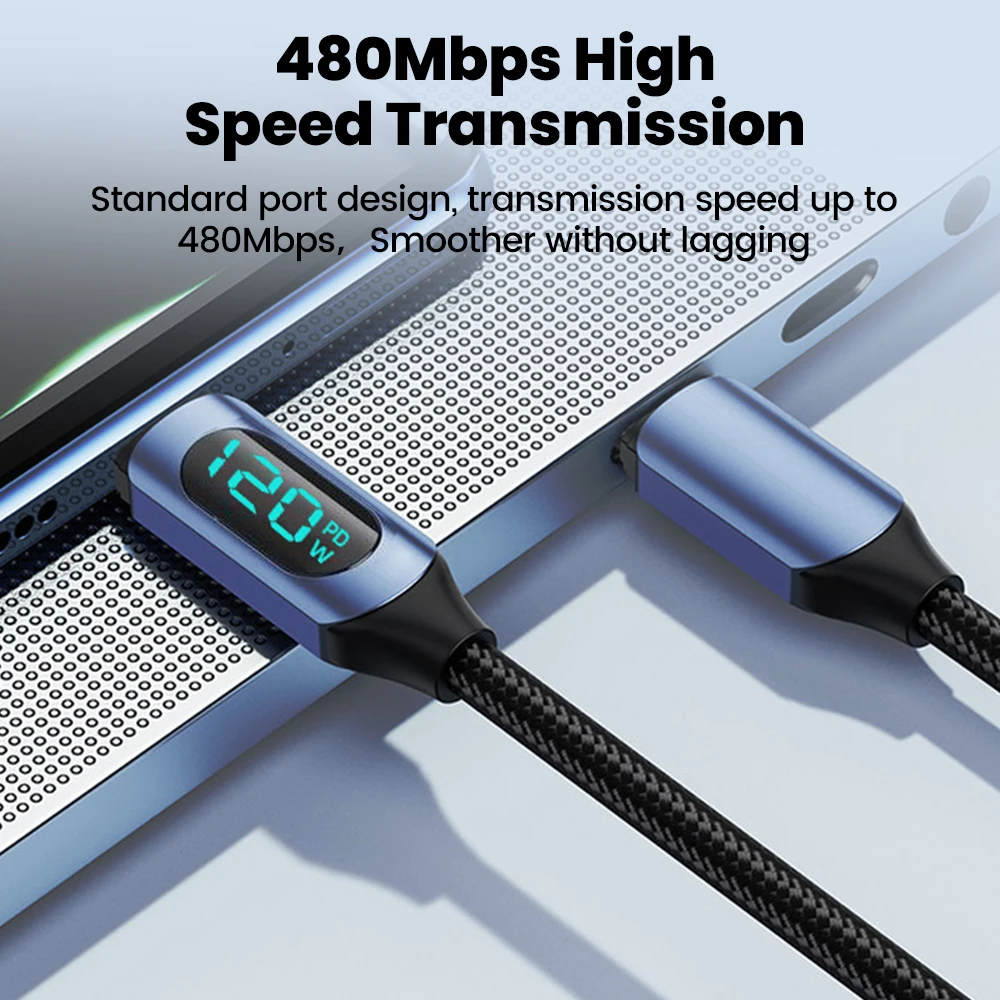PD120W 6A USB tipo C Cable de datos trenzado de nailon de carga rápida con pantalla inteligente LED para iPhone 15 16 Samsung Xiaomi Cable de carga - imagen 3