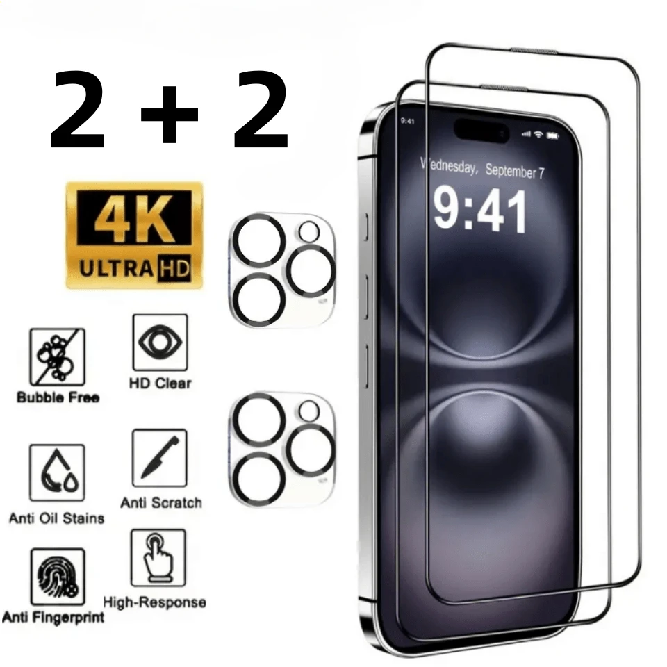 Vidrio Templado HD 4 en 1 para iPhone 16 13 15 14 Pro Max 12 13 Mini Protector de pantalla de lente de cámara para iPhone 16 15 14 Plus 13 12 11