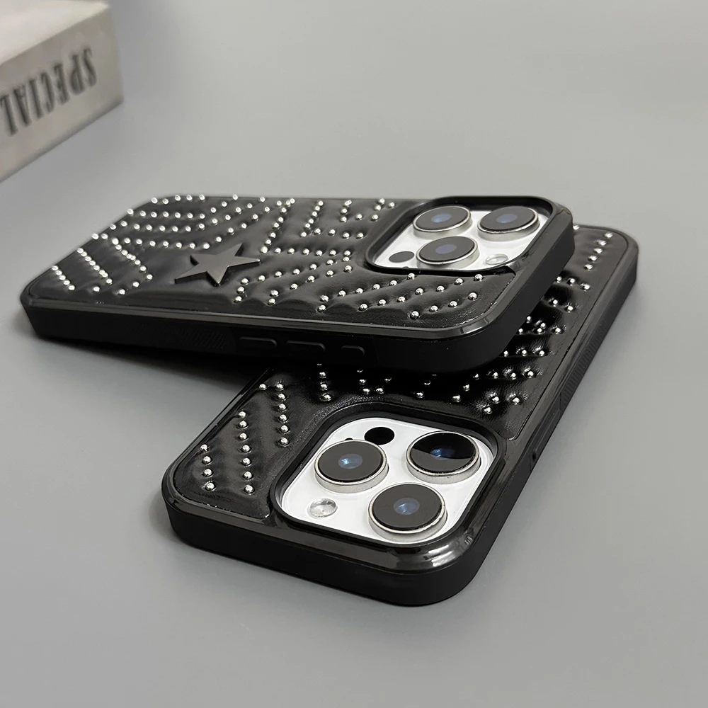 Funda protectora de cuero a prueba de golpes con estrella de cinco puntas y remaches plateados a la moda para iPhone 17 16 15 14 Pro Max 13 - imagen 3