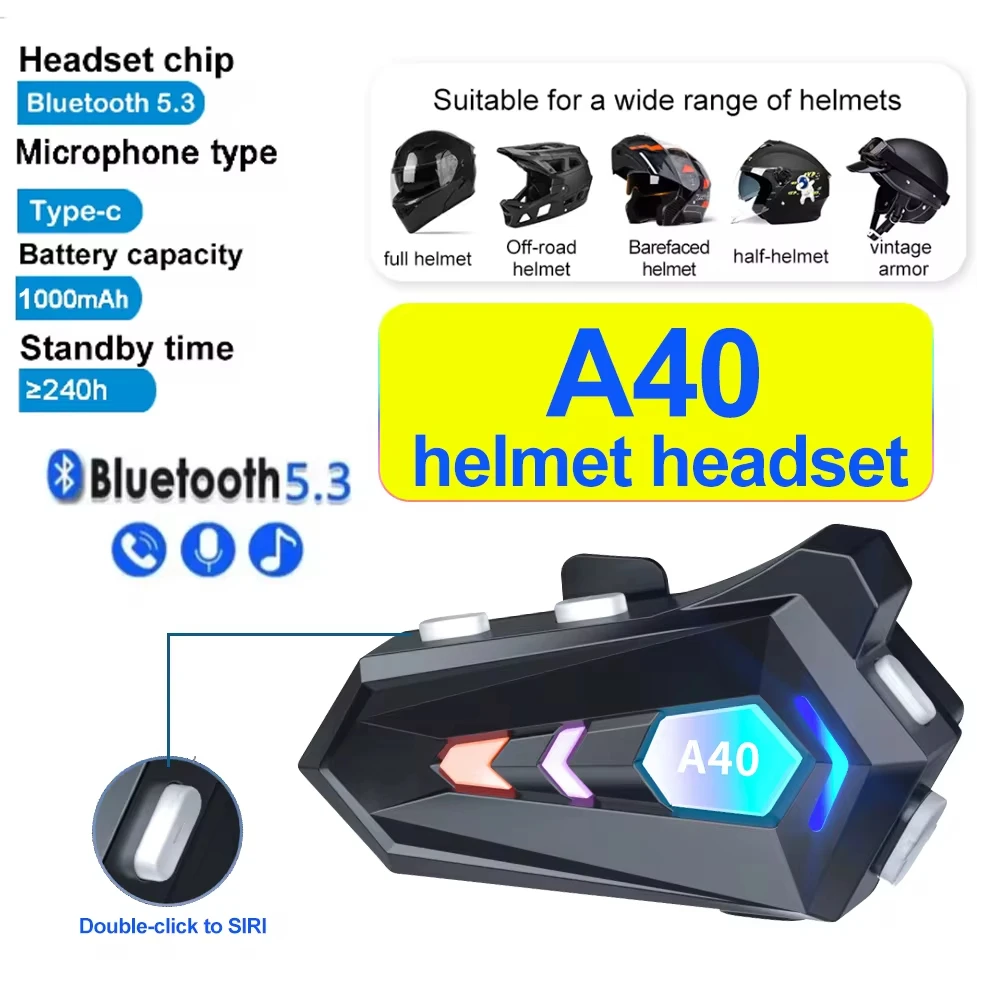 Auriculares para casco de motocicleta A40 Bluetooth V5.3 RGB luces coloridas auriculares IPX6 impermeable respuesta automática auriculares para motocicleta