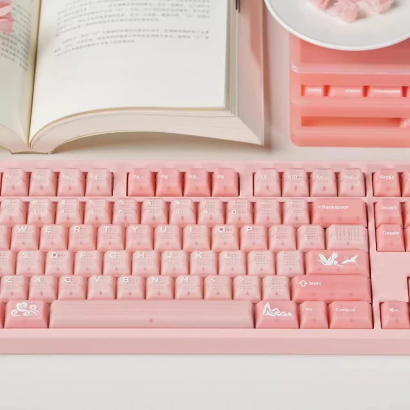 Domi-teclas rosas semitransparentes con Base de loto, teclas personalizadas con perfil de cereza PBT, tapa de tecla de punto transparente de Anime de dibujos animados - imagen 5
