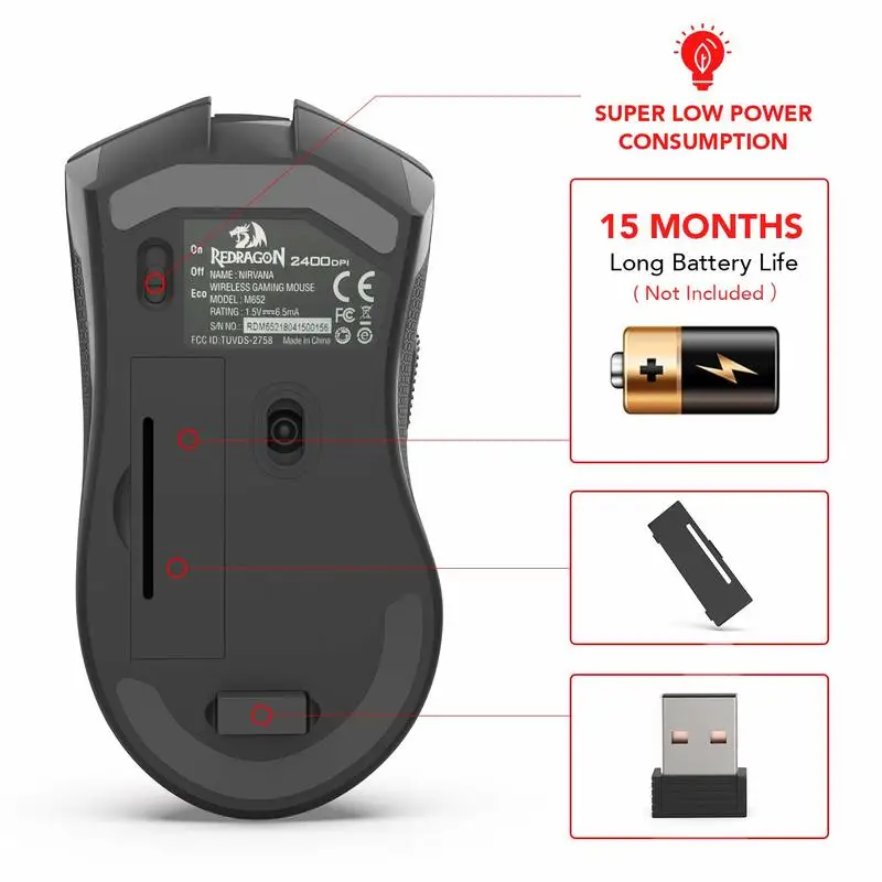 Ratón óptico inalámbrico Redragon M652 2,4G con receptor USB, ratones portátiles para juegos y oficina, 5 niveles de DPI ajustables - imagen 4