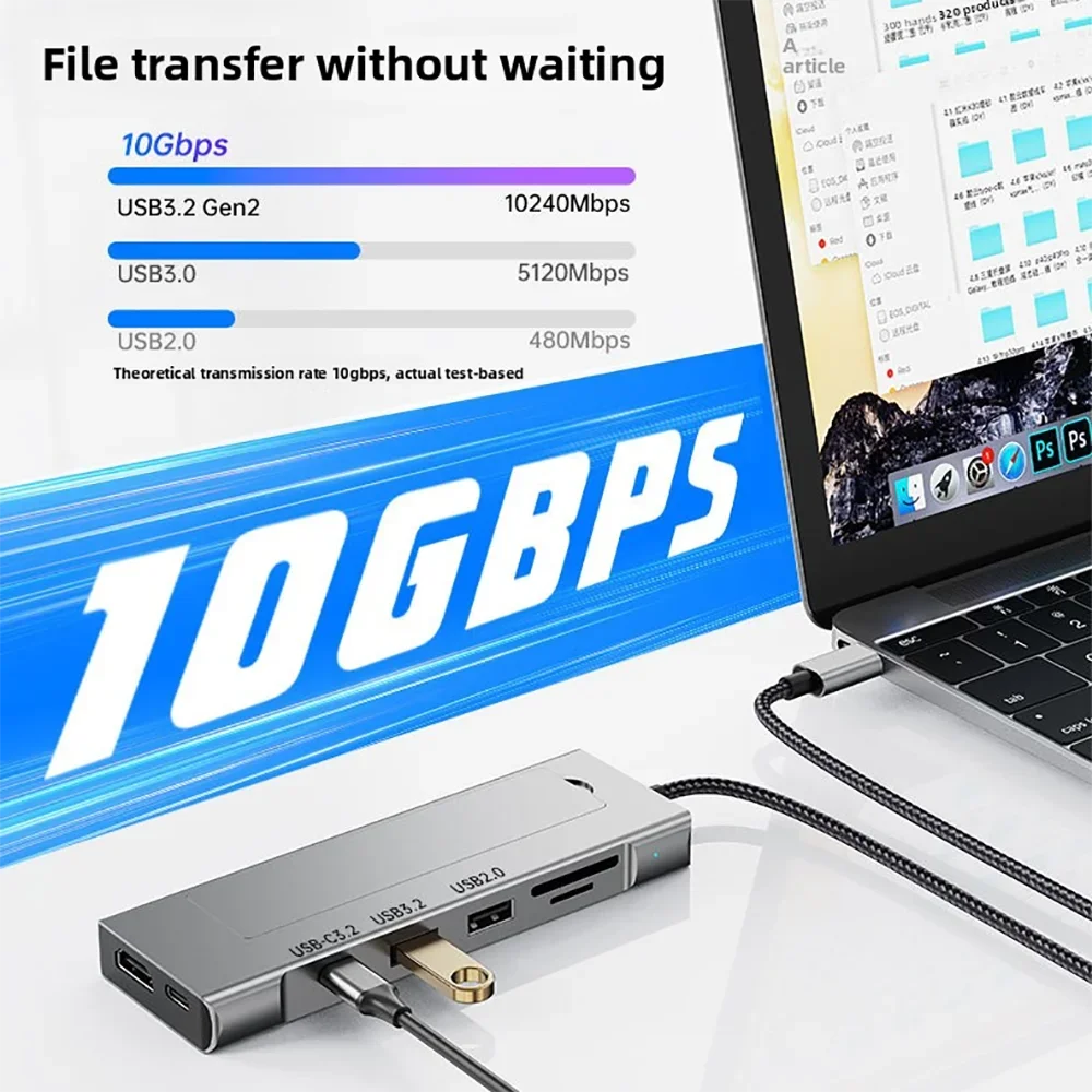 Estación de acoplamiento USB C 8 en 1, carcasa M.2 SSD, concentrador USB SATA + NVME, concentrador USB C 4K30Hz/10Gbps/100W para ordenador portátil Macbook - imagen 3