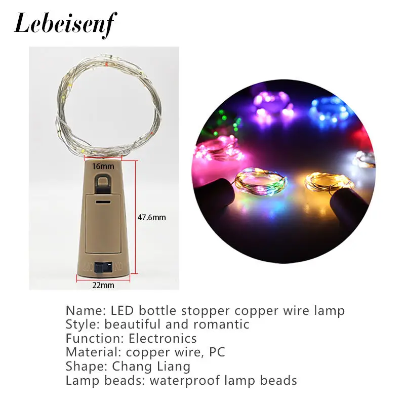 Guirnalda de luces LED con tapón para botella, colorido y monocromático, IP65, resistente al agua, 2M, 20 LED de encendido/apagado para decoración del hogar, fiesta de Navidad - imagen 2