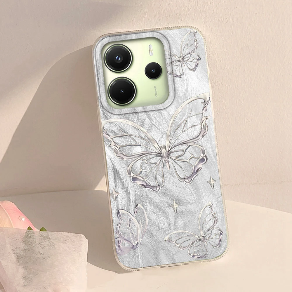 Funda de teléfono para chicas y mujeres con mariposa plateada láser para Xiaomi Redmi Note 14 13 12 11 11S 10 9 8 Pro 9C 13C 14C A5 A3 A4 A3X A1 - imagen 4