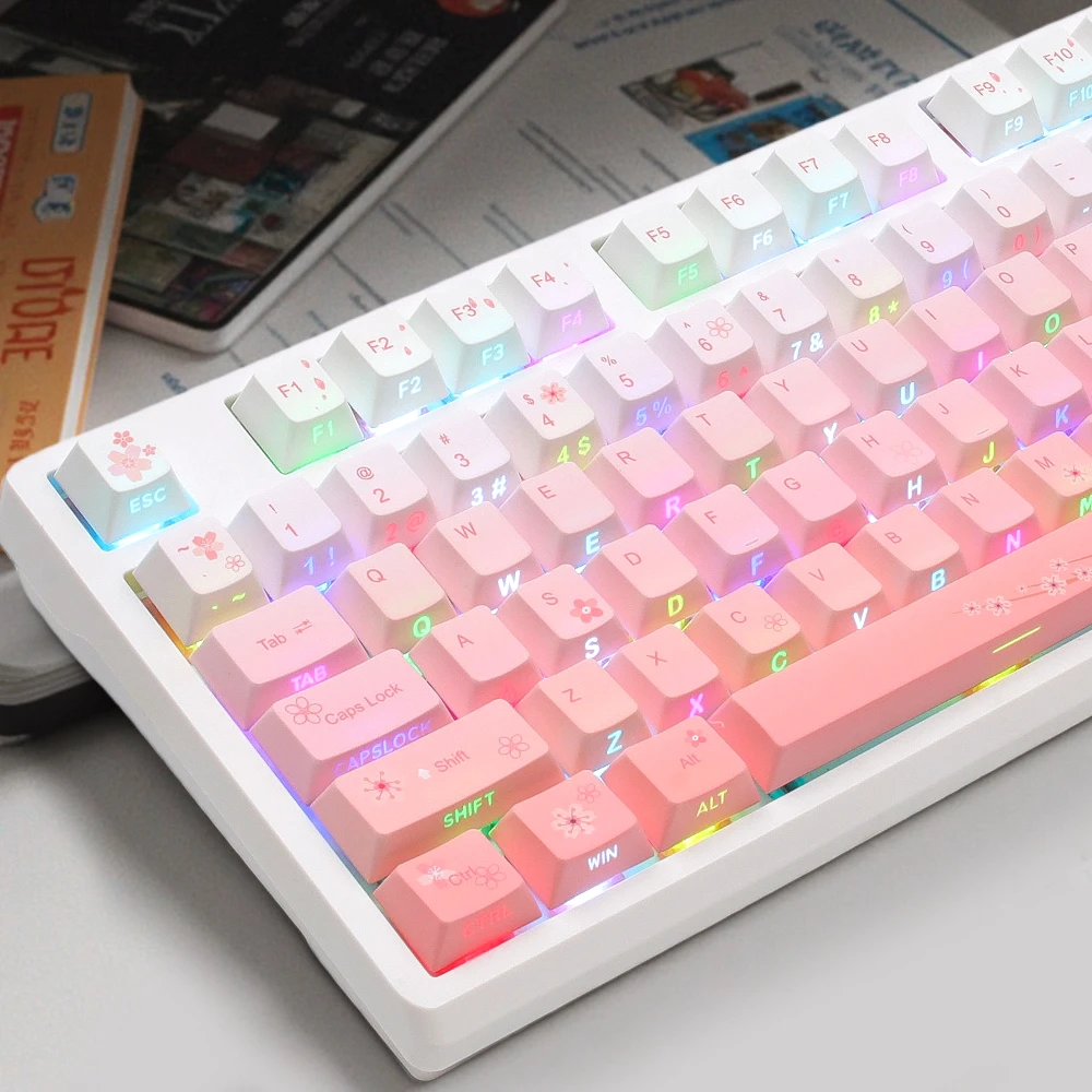 Tapa de teclado translúcida con grabado lateral, perfil de cereza, PBT, 130 teclas, flor rosa, Compatible con teclado mecánico MX