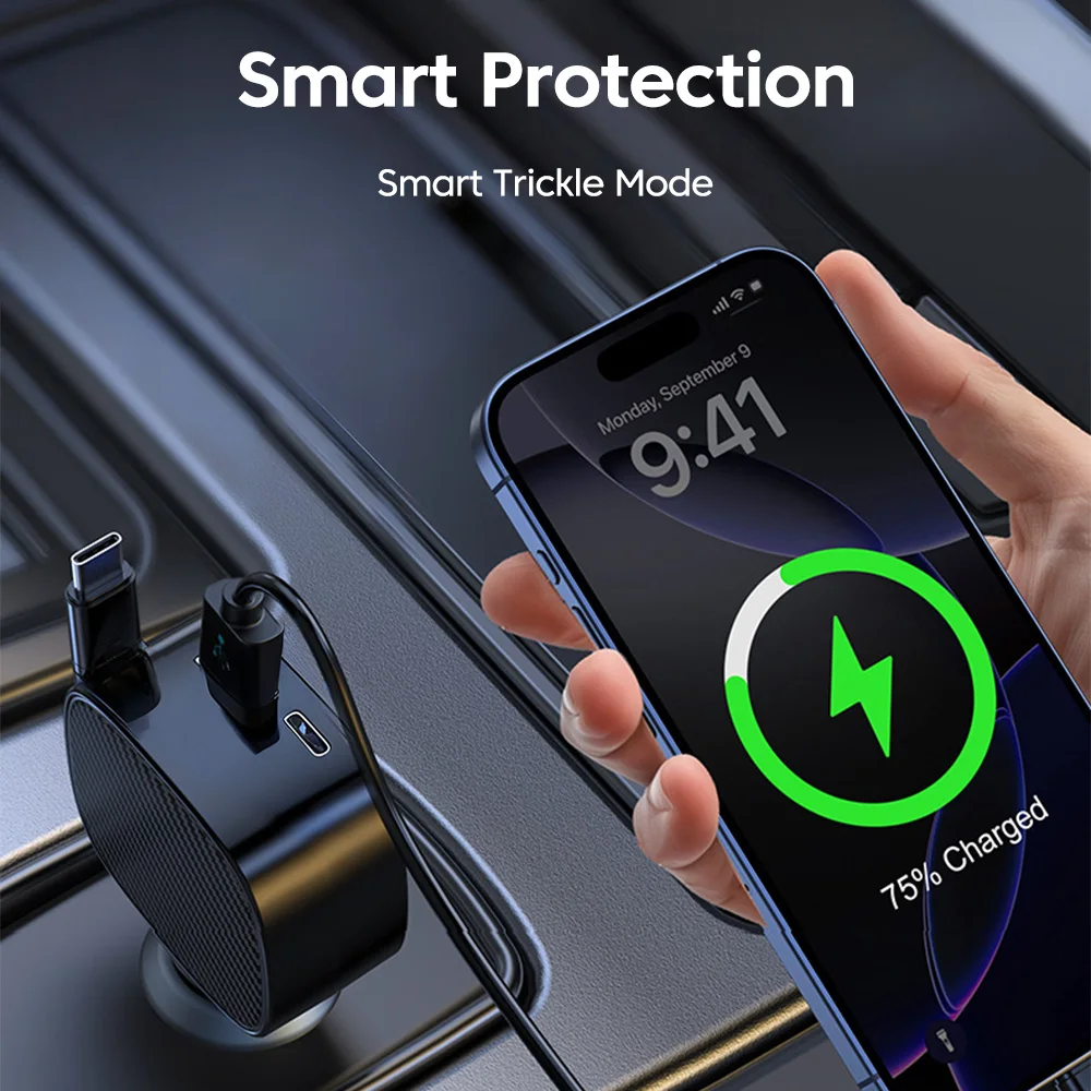 Cargador de teléfono para coche de carga rápida PD USB-C de 85W con Cable de datos retráctil tipo c para iPhone 16 Huawei Samsung Xiaomi cargador de coche - imagen 3