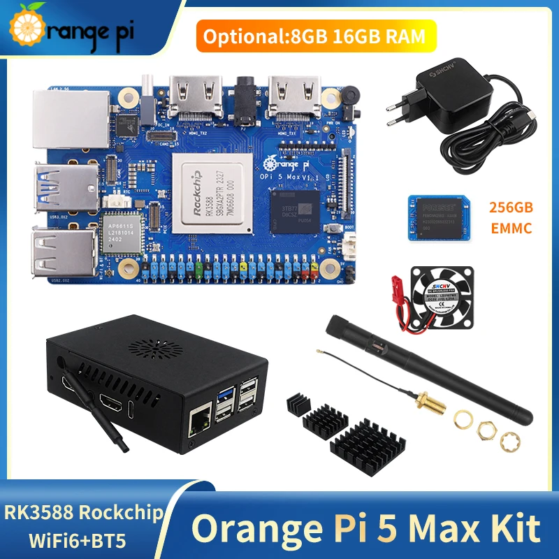 Orange Pi 5 Max 16GB 8GB RAM LPDDR5 RK3588 Chip 8K Video M.2 PCIE 2.5G LAN WiFi6 + BT5 EMMC Fuente de alimentación opcional