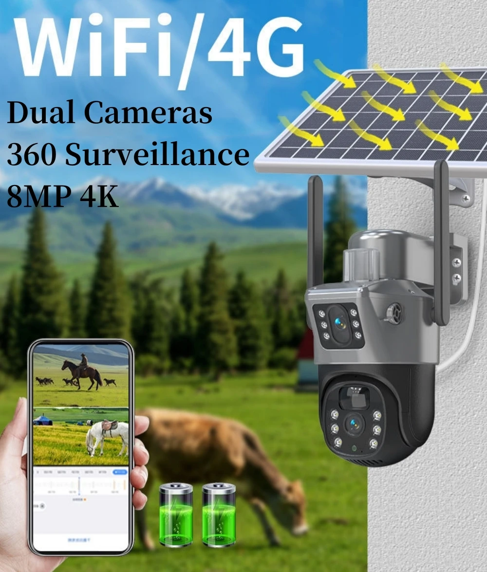 Cámara solar 4G WiFi para exteriores, cámara de vigilancia de seguridad con panel solar V380, lente dual, 360°, 8MP, 4K, CCTV, llamadas bidireccionales, IP66, resistente al agua, visión nocturna PIR, batería grande, se - imagen 3