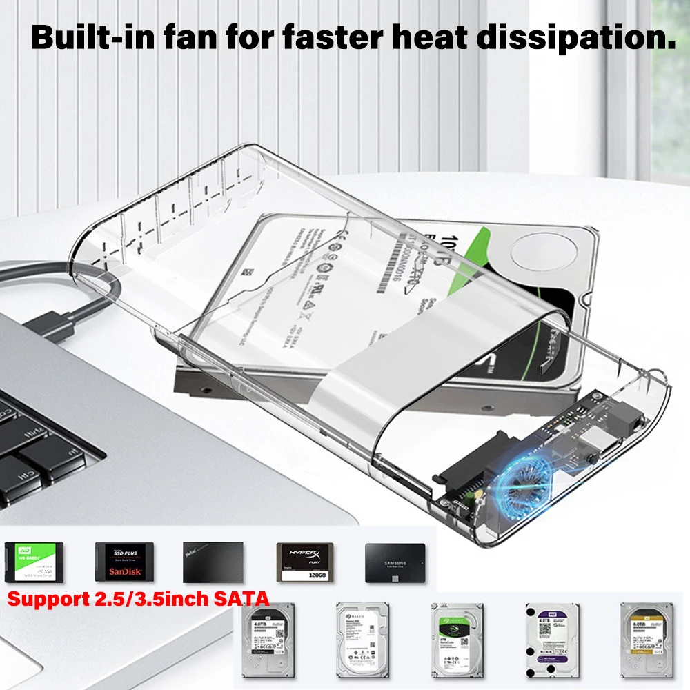 Caja de disco duro SATA USB 3,0 a 2,5 y 3,5 pulgadas con ventilador, luz RGB, lector SSD externo, caja HDD, compatible con carcasa de 22TB para ordenadores portátiles - imagen 3