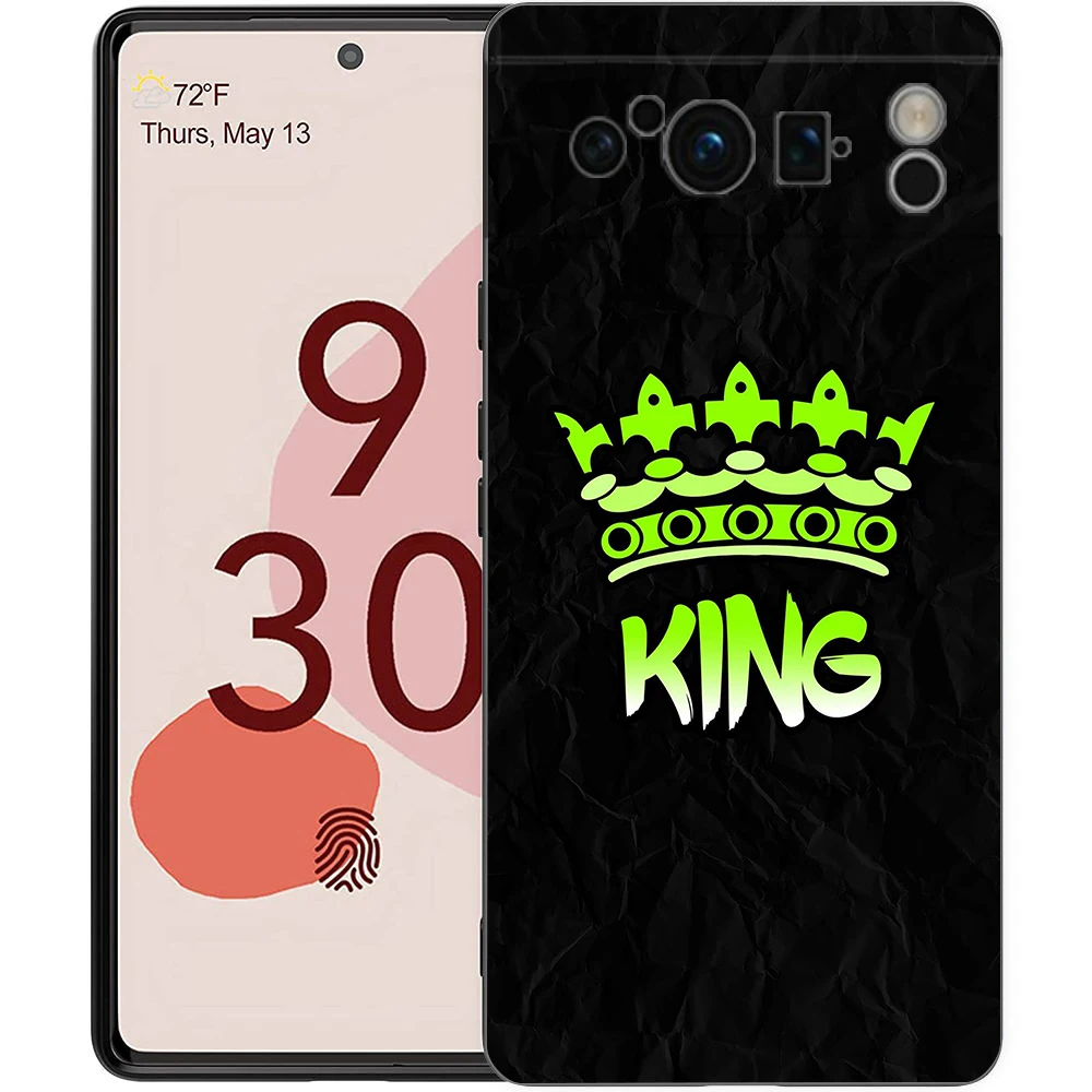 Crown QUEEN & KING-funda de silicona suave a prueba de golpes para Google Pixel 8, 7, 6 Pro, 6A, 7A, 5G, TPU, negra - imagen 2