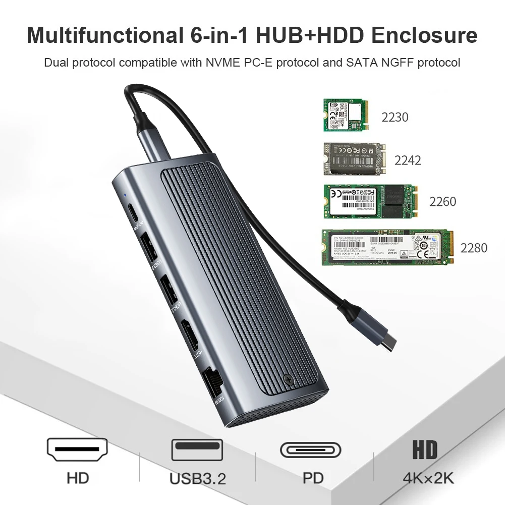 Carcasa M.2 SSD 6 en 1 USB C Hub compatible con HDMI 2,0 10G USB-A RJ45 Gigabit Ethernet adaptador para transferencia y pantalla de datos de ordenador portátil