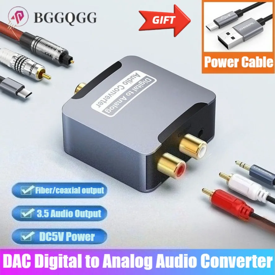 Convertidor de Audio Digital a analógico DAC, decodificador amplificador óptico SPDIF/Coaxial a RCA L/R con Cable de fibra óptica Digital a analógico