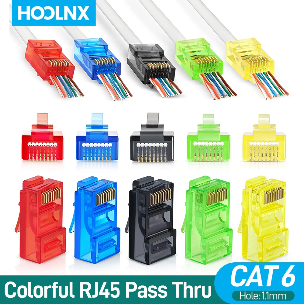 Hoolnx-conector de paso CAT6, enchufes modulares RJ45, extremos Ethernet coloridos, conectores de red UTP 15Ω chapados en oro, 50 paquetes