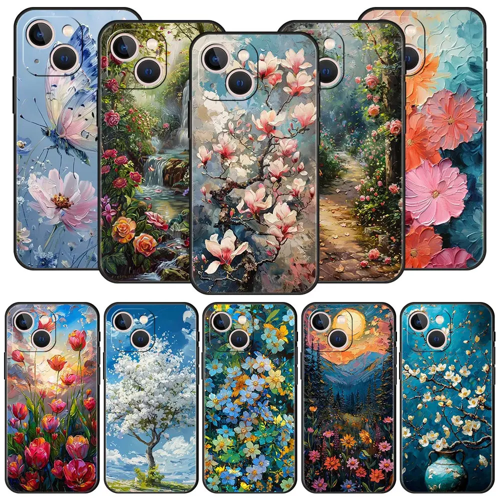 Funda de teléfono de lujo con pintura al óleo de flores para iPhone 16 13 15 14 12 11 Pro MAX XR X SE XS 7 8 Plus, funda suave de TPU a prueba de golpes