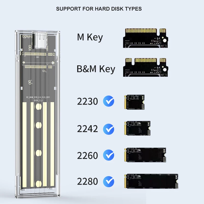 Caja M.2 NVME PCIe/NGFF SATA SSD, carcasa externa transparente, USB tipo C 3,1, 10Gbps, M2 B + M Key/M Key para caja de disco duro SSD de 4TB - imagen 4