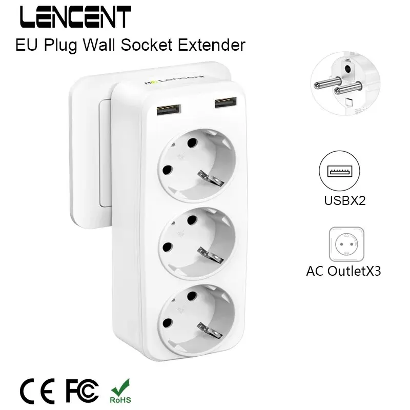 LENCENT EU Plug Extensor de enchufe de pared 5 en 1 con 3 salidas de CA 2 USB 4000W 5V2.4A Cargador de pared para hogar/oficina - imagen 2