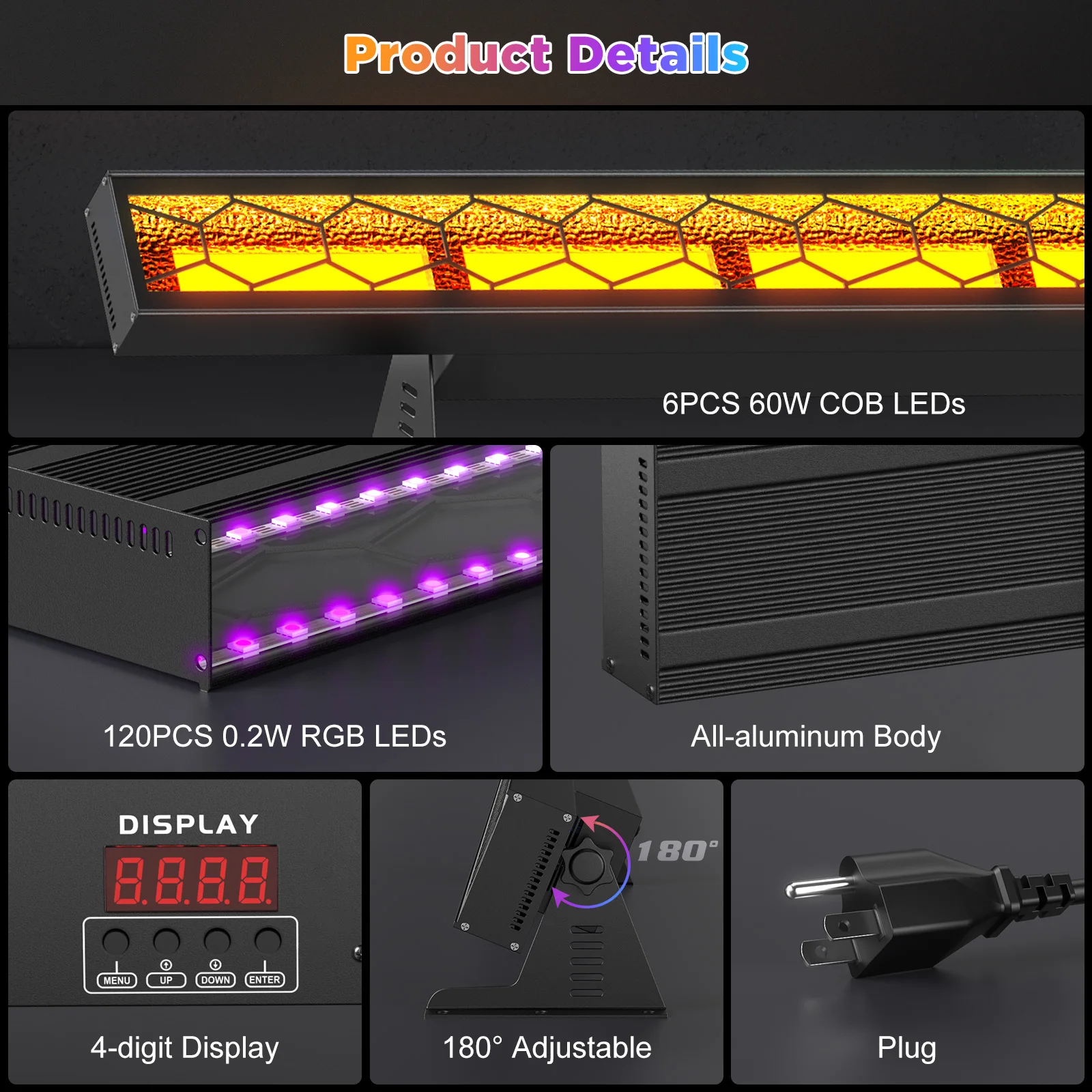 Barra de luces LED Retro U'King 420W COB 6X60W COB + 120X0,2 W RGB luz LED de escenario DMX512 luces de DJ para Fiesta de bodas al aire libre Show Club - imagen 5
