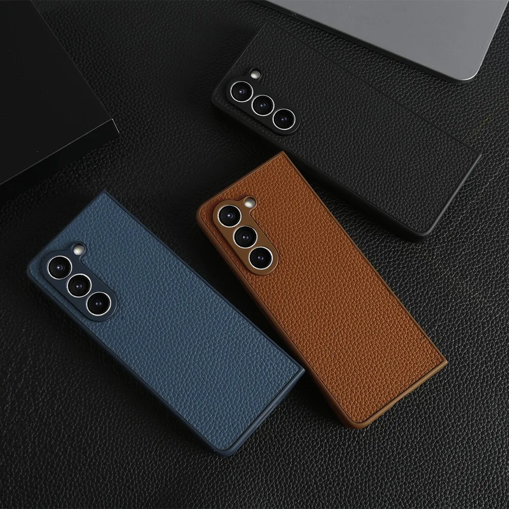 Para funda Samsung Galaxy Z Fold 5 fold4 fold3 Fundas de lujo Litchi Fundas de cuero genuino para galaxy Flod5 funda de teléfono Coque Shell - imagen 3