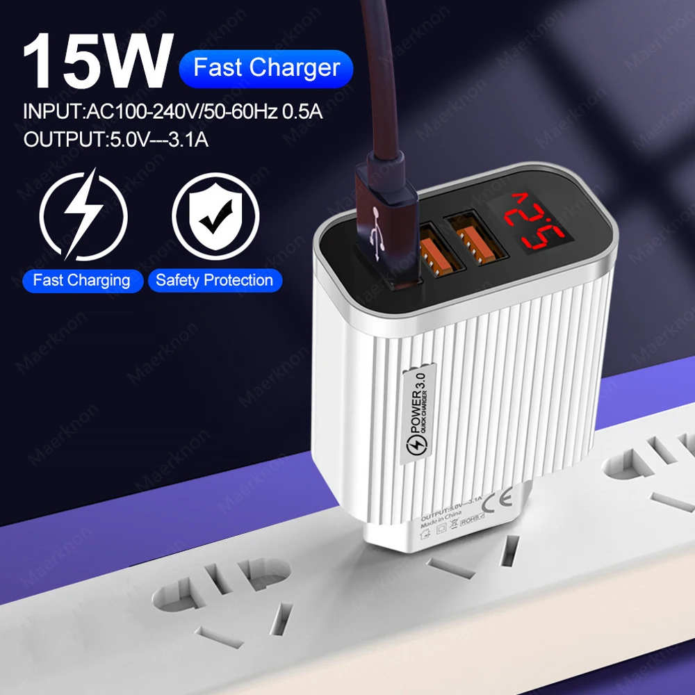 Cargador USB de carga rápida 3,0, adaptador de carga de teléfono con 3 puertos USB con pantalla LED para Samsung, Xiaomi, Huawei, enchufe europeo/estadounidense - imagen 3