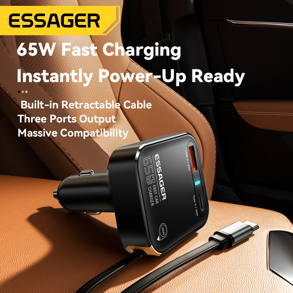 Cargador de coche Essager de 3 puertos USB C con Cable retráctil tipo C 65W QC3.0 carga rápida para iPhone 16 15 14 ipad Samsung Huawei - imagen 3