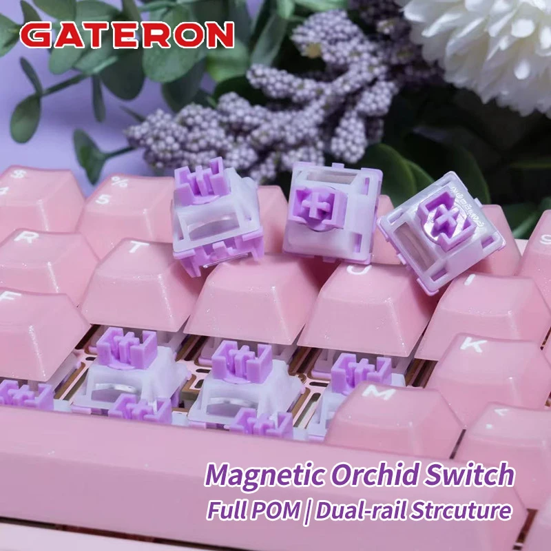 GATERON Interruptor POM completo de orquídeas magnéticas, estructura de doble carril, disparador rápido HE, efecto sensor Hall para juegos con teclado magnético