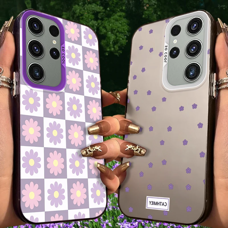 Funda esmerilada de flor negra para Samsung Galaxy S25 S24 S23 S22 Ultra S21 Plus S20 FE A73 A72 A71 A56 A55 A54 A53 cubierta acrílica