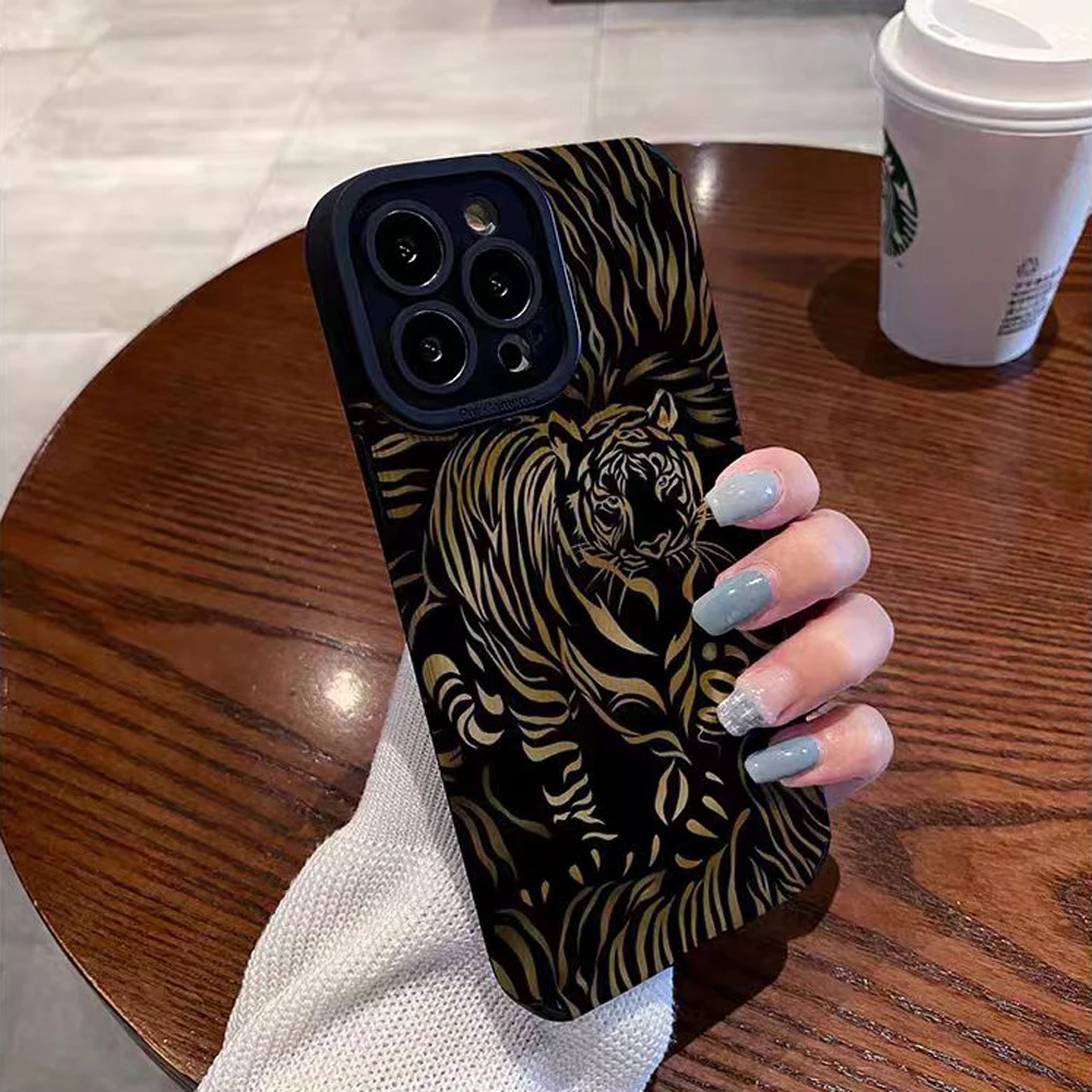 Funda de cuero de silicona con tigre negro a la moda para iPhone 14 15 16 Pro Max 7 8 SE 11 12 13 Mini Plus X XS XR cubierta completa a prueba de golpes - imagen 5