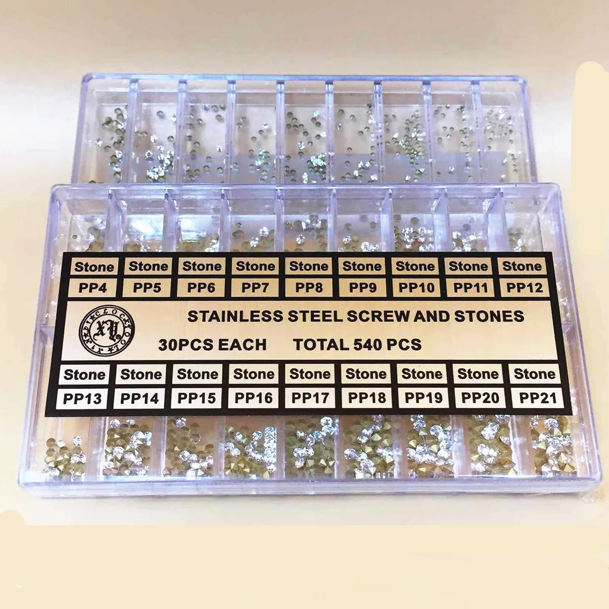 18 tamaños 540 unids/set diamantes de imitación para piezas de decoración de relojes tornillos de reloj piedras herramienta de repuesto de relojero