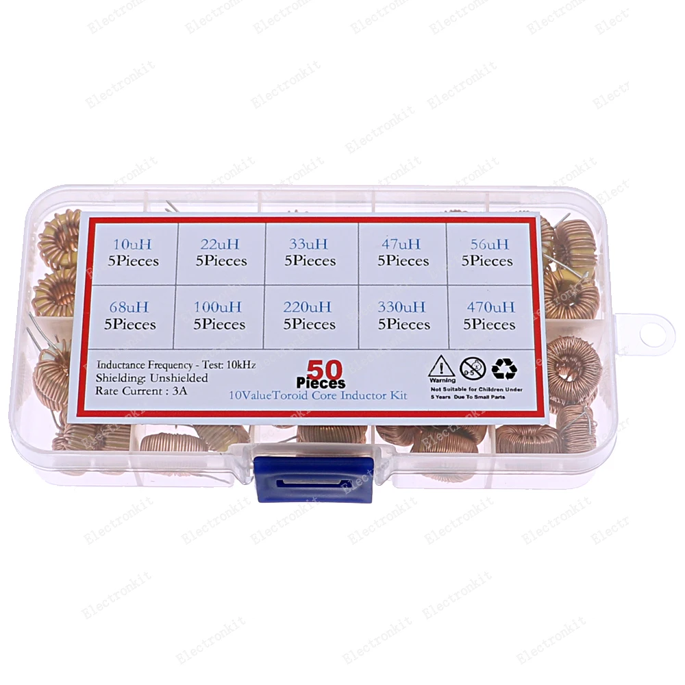 Inductor de núcleo de Toroide, caja de kit de bobinado de alambre 10uH 22uH 33uH 47uH 47uH 56uH 100uH 220uH 330uH 470uH, 50 piezas - imagen 3