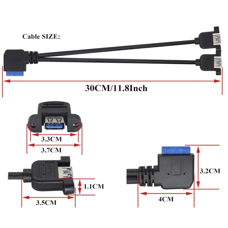 USB3.0 90 °   Codo 20 pines hembra a puerto dual US-B 3,0 A Cable de Panel hembra U-SB 3,0 placa base 19/20 pines hembra a 2 puertos USB3.0 - imagen 2