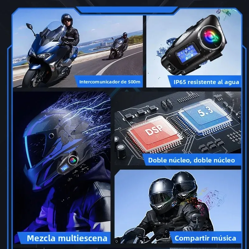 Intercomunicador para casco de motocicleta, Bluetooth 5,3, pantalla LCD, auriculares para 2 conductores con compartir música y linterna, interfono de 500M - imagen 2