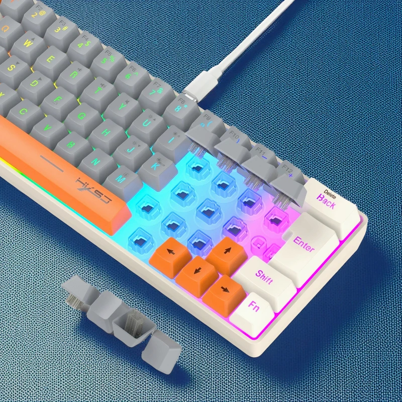 Teclado RGB USB con cable 63 teclas para jugadores, miniteclados compactos para viajes, oficina, juegos, teclado de negocios (gris y naranja) - imagen 5