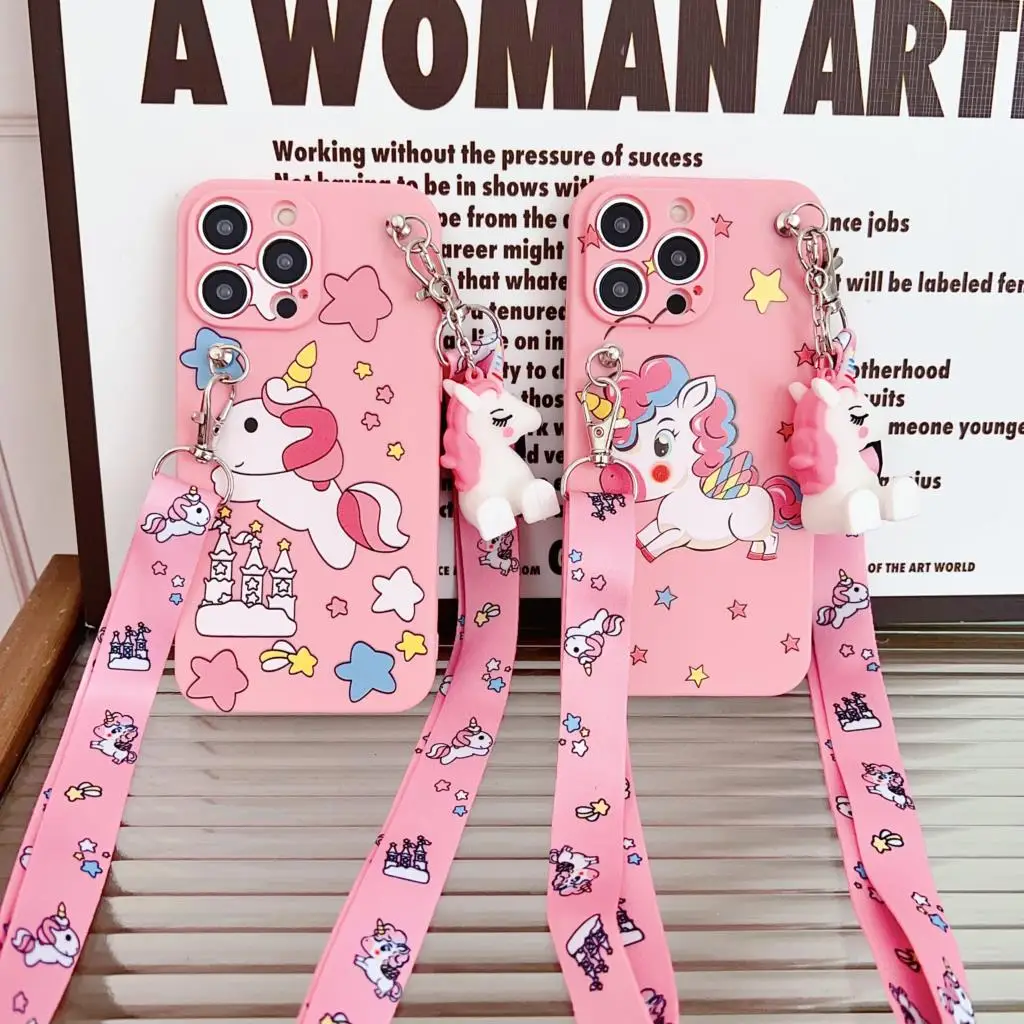 Eenhoorn Voor iPhone 6 6s 7 8 X Xs Max XR 11 12 13 14 15 Pro SE Max Case met Houder Touw - imagen 2